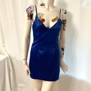 Sky to Moon v-neck royal blue satin open back adjustable straps womens dress